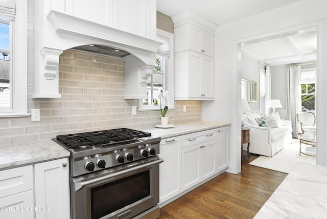 63 Bingham Ave, Rumson, NJ 07760 - kitchen featuring high end stove, white cabinetry, dark wood-style flooring, backsplash, and light stone counters