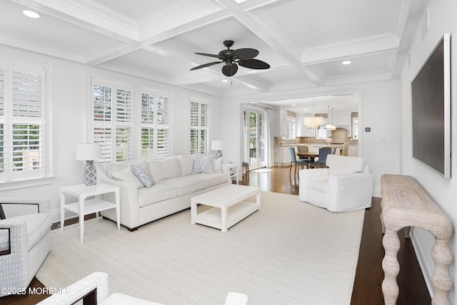 63 Bingham Ave, Rumson, NJ 07760 - living room featuring coffered ceiling, wood finished floors, beamed ceiling, ceiling fan, and recessed lighting