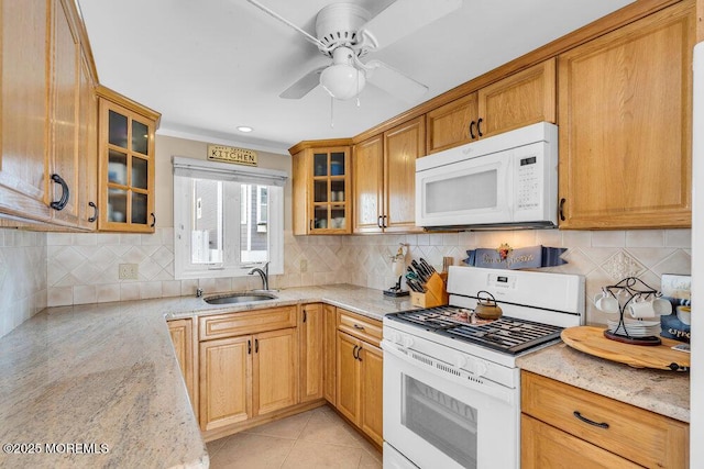 102 W Colony Rd, Lavallette, NJ 08735 - kitchen featuring white appliances, light stone counters, ceiling fan, glass insert cabinets, and crown molding