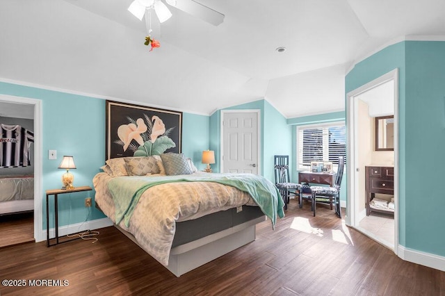 102 W Colony Rd, Lavallette, NJ 08735 - bedroom featuring lofted ceiling, dark wood-type flooring, a closet, connected bathroom, and a ceiling fan