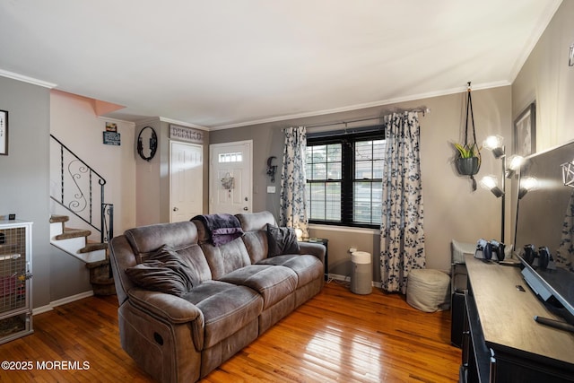 103 Village Green Way, Hazlet, NJ 07730 - living room with light wood-style flooring, stairs, and ornamental molding