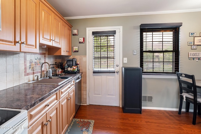 103 Village Green Way, Hazlet, NJ 07730 - kitchen featuring stainless steel dishwasher, dark wood finished floors, crown molding, dark countertops, and tasteful backsplash