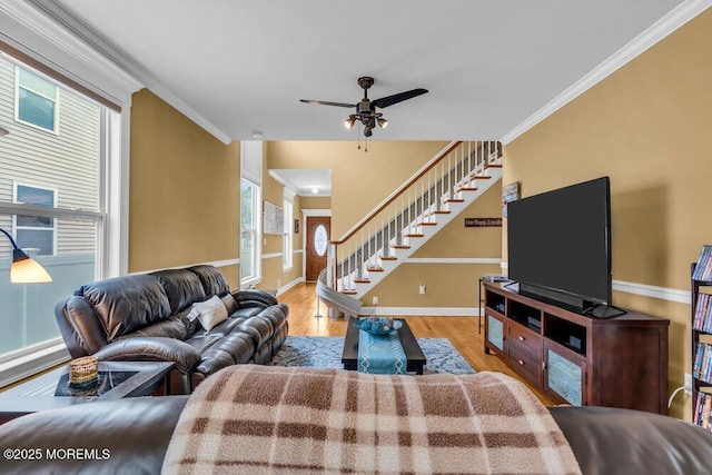 626 Anthony Ave, Toms River, NJ 08753 - living area featuring stairway, ceiling fan, wood finished floors, and crown molding