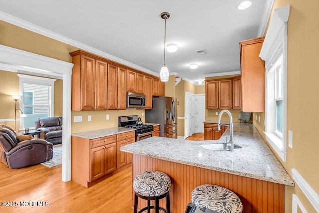 626 Anthony Ave, Toms River, NJ 08753 - kitchen with stainless steel appliances, a peninsula, light wood-style flooring, a breakfast bar area, and light stone counters