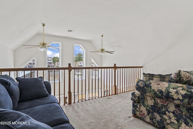 21 Seabreeze Rd, Toms River, NJ 08753 - living room featuring a ceiling fan, carpet flooring, and lofted ceiling