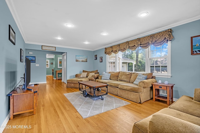 384 Gerry Rd, North Brunswick, NJ 08902 - living room featuring crown molding, light wood-style floors, and recessed lighting