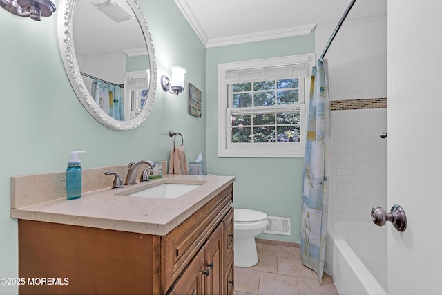 384 Gerry Rd, North Brunswick, NJ 08902 - full bath with vanity, ornamental molding, tile patterned flooring, and shower / bathtub combination with curtain