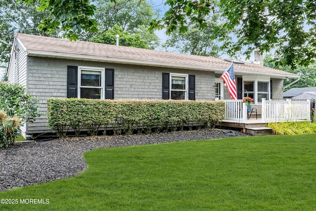 1425 Birmingham Ave, Toms River, NJ 08757 - view of front of home featuring a chimney, a wooden deck, a front yard, and roof with shingles