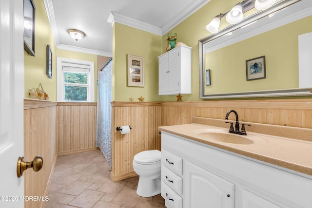 1425 Birmingham Ave, Toms River, NJ 08757 - full bath with vanity, a wainscoted wall, ornamental molding, wood walls, and stone finish flooring