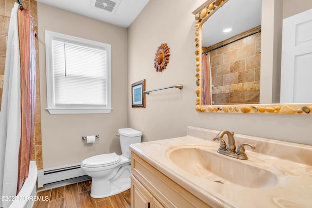106 Northumberland Dr, Toms River, NJ 08757 - full bathroom featuring baseboard heating, vanity, wood finished floors, and shower / bathtub combination with curtain
