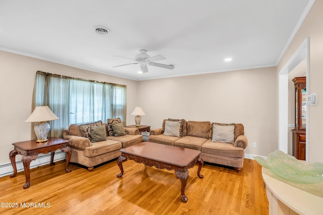 106 Northumberland Dr, Toms River, NJ 08757 - living area with ceiling fan, light wood finished floors, ornamental molding, recessed lighting, and a baseboard heating unit