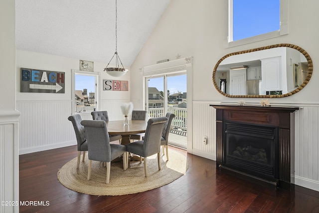 1043 Montauk Dr, Forked River, NJ 08731 - dining room with dark wood-style floors, a wainscoted wall, a fireplace, high vaulted ceiling, and a decorative wall