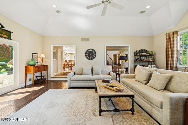 9 Wide Horizons Dr, Colts Neck, NJ 07722 - living area featuring vaulted ceiling, wood finished floors, ceiling fan, and recessed lighting