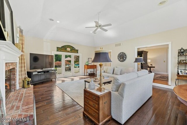 9 Wide Horizons Dr, Colts Neck, NJ 07722 - living room featuring ceiling fan, dark wood-style floors, a fireplace, recessed lighting, and high vaulted ceiling