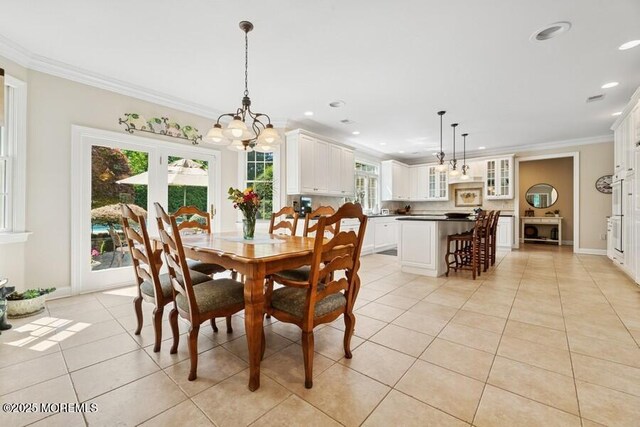 9 Wide Horizons Dr, Colts Neck, NJ 07722 - dining space with light tile patterned floors, a chandelier, ornamental molding, and recessed lighting