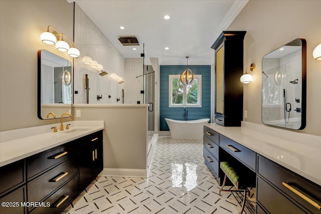 7 Rancho Polo, Colts Neck, NJ 07722 - bathroom featuring a stall shower, vanity, a soaking tub, and recessed lighting