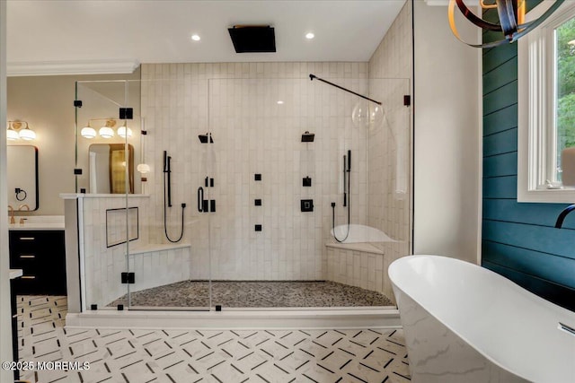 7 Rancho Polo, Colts Neck, NJ 07722 - full bathroom with a stall shower, a freestanding tub, vanity, and recessed lighting