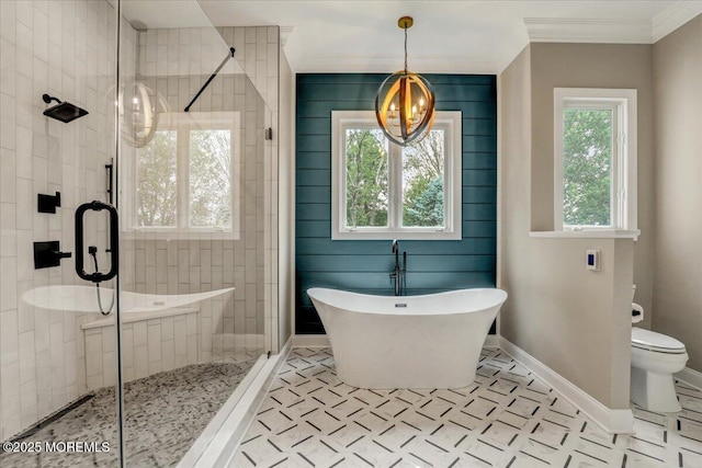 7 Rancho Polo, Colts Neck, NJ 07722 - full bathroom featuring crown molding, a freestanding tub, a stall shower, and a chandelier