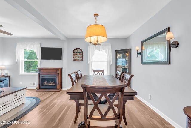 502 Corlies Ave, West Allenhurst, NJ 07711 - dining room with light wood finished floors, a glass covered fireplace, and a ceiling fan