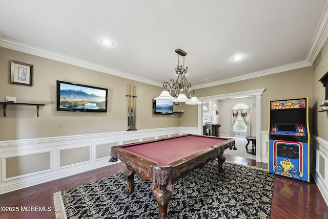 32 Langeveld Dr, Freehold, NJ 07728 - recreation room featuring wood finished floors, ornamental molding, wainscoting, billiards table, and recessed lighting