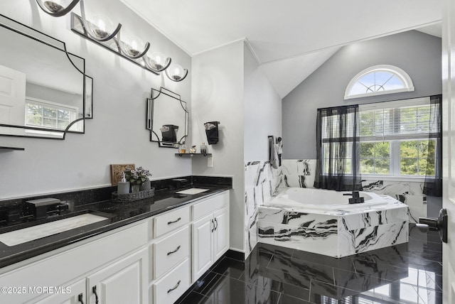 32 Langeveld Dr, Freehold, NJ 07728 - bathroom with a garden tub, double vanity, healthy amount of natural light, and lofted ceiling