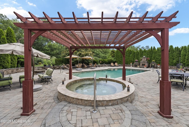 32 Langeveld Dr, Freehold, NJ 07728 - community pool with a patio area, a hot tub, a pergola, and outdoor dining area