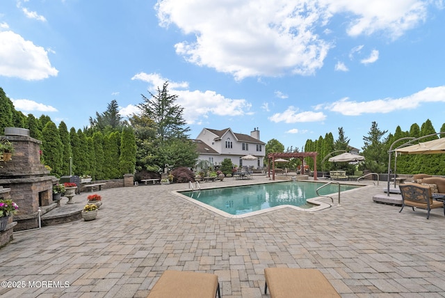 32 Langeveld Dr, Freehold, NJ 07728 - outdoor pool with an outdoor stone fireplace, a patio, and a pergola