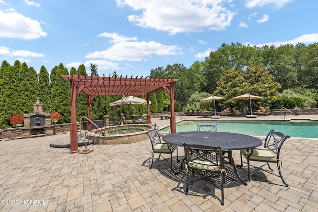 32 Langeveld Dr, Freehold, NJ 07728 - view of patio / terrace with a pergola, an outdoor stone fireplace, and a pool with connected hot tub