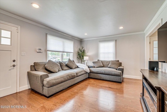 296 High St, Metuchen, NJ 08840 - living room featuring light wood-style flooring, recessed lighting, and crown molding