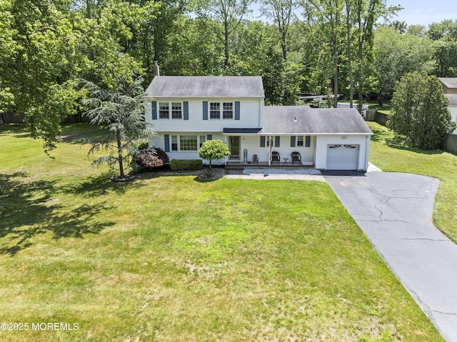 3 Thompson Ln, Manalapan, NJ 07726 - colonial inspired home featuring an attached garage, a porch, driveway, a front lawn, and a shingled roof