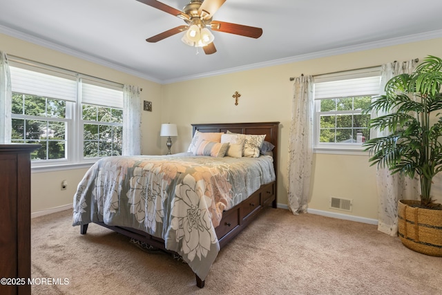 3 Thompson Ln, Manalapan, NJ 07726 - bedroom with multiple windows, ornamental molding, light carpet, and ceiling fan