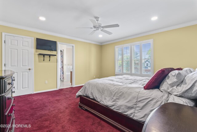 734 S River Dr, Forked River, NJ 08731 - bedroom with ornamental molding, carpet floors, recessed lighting, ensuite bath, and ceiling fan