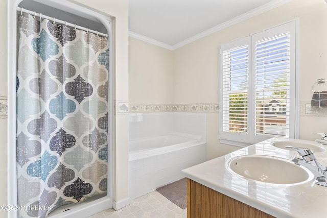 734 S River Dr, Forked River, NJ 08731 - bathroom with ornamental molding, double vanity, a bath, and curtained shower