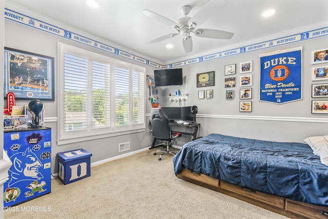 734 S River Dr, Forked River, NJ 08731 - bedroom featuring carpet floors, recessed lighting, a ceiling fan, a desk, and crown molding