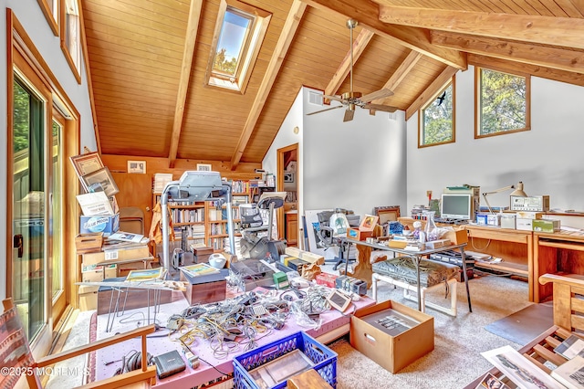 538 Perrineville Rd, Jackson, NJ 08527 - home office with a skylight, carpet floors, high vaulted ceiling, a wood ceiling with exposed beams, and a ceiling fan