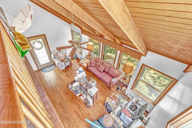 538 Perrineville Rd, Jackson, NJ 08527 - living area with wood ceiling, a ceiling fan, and wood finished floors