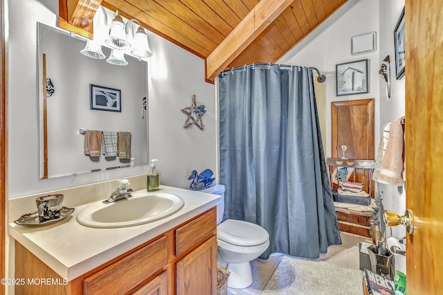 538 Perrineville Rd, Jackson, NJ 08527 - bathroom featuring wood ceiling, vaulted ceiling, tile patterned flooring, vanity, and curtained shower