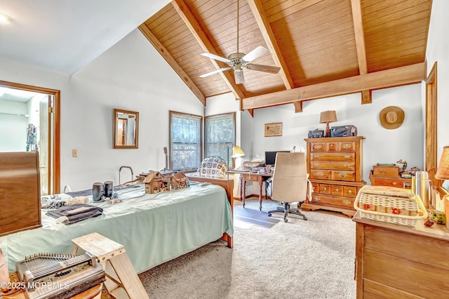 538 Perrineville Rd, Jackson, NJ 08527 - bedroom with a wooden ceiling with exposed beams, high vaulted ceiling, carpet, and a ceiling fan