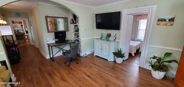 412 Park Place Ave, Bradley Beach, NJ 07720 - office area featuring arched walkways, wood finished floors, and ornamental molding