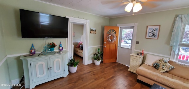 412 Park Place Ave, Bradley Beach, NJ 07720 - living area with healthy amount of natural light, dark wood-style flooring, a ceiling fan, and crown molding