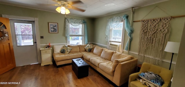 412 Park Place Ave, Bradley Beach, NJ 07720 - living room featuring a ceiling fan, wood finished floors, and ornamental molding