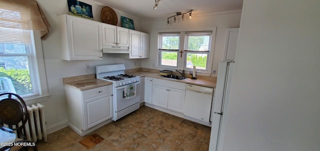 412 Park Place Ave, Bradley Beach, NJ 07720 - kitchen featuring white appliances, under cabinet range hood, light countertops, white cabinets, and radiator heating unit