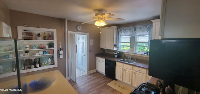 412 Park Place Ave, Bradley Beach, NJ 07720 - kitchen with dishwasher, ceiling fan, light wood finished floors, white cabinetry, and dark countertops