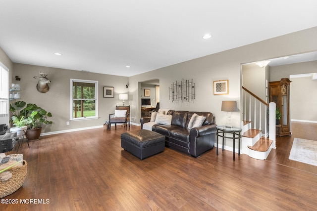 280 Double Creek Pkwy, Freehold, NJ 07728 - living room with wood finished floors, stairway, and recessed lighting