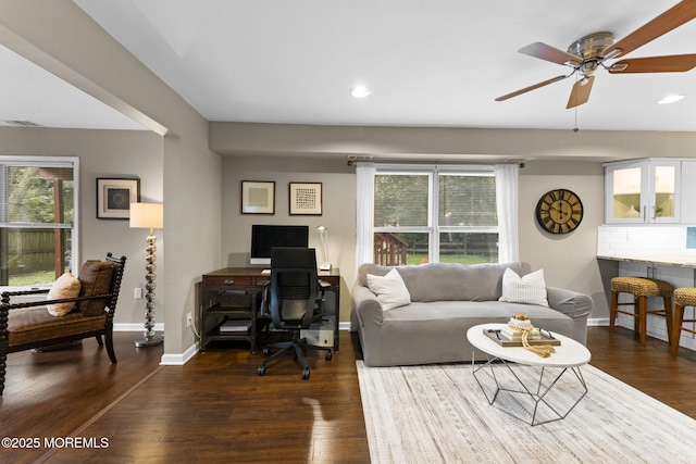 280 Double Creek Pkwy, Freehold, NJ 07728 - living room with an office area, ceiling fan, wood finished floors, and recessed lighting