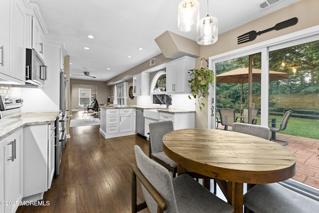 280 Double Creek Pkwy, Freehold, NJ 07728 - dining area featuring a ceiling fan, recessed lighting, healthy amount of natural light, and dark wood-type flooring
