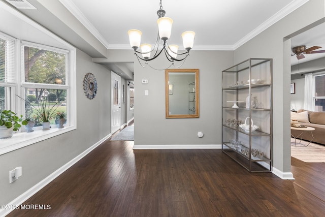 280 Double Creek Pkwy, Freehold, NJ 07728 - unfurnished dining area with wood finished floors, a chandelier, ornamental molding, and ceiling fan