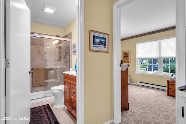 530B Sheffield Dr, Manchester, NJ 08759 - bathroom featuring a baseboard heating unit, vanity, and a stall shower