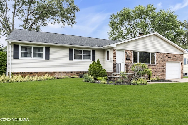 811 Fay Ct, Point Pleasant, NJ 08742 - ranch-style house with a front lawn, a chimney, brick siding, and an attached garage