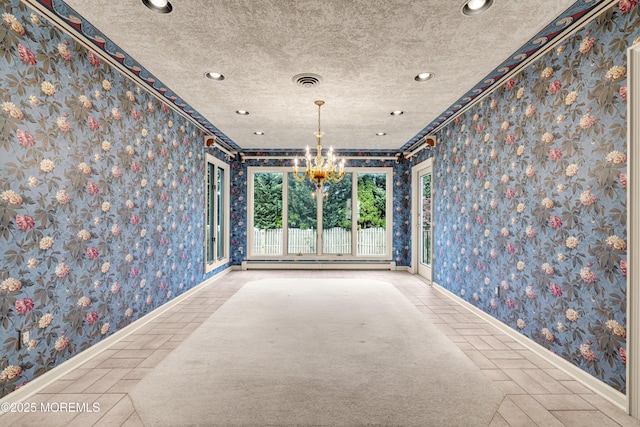 811 Fay Ct, Point Pleasant, NJ 08742 - unfurnished room featuring wallpapered walls, ornamental molding, a baseboard radiator, and a chandelier